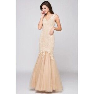 Glow by Poly USA Champagne Lace Mermaid Gown Embellished Tulle Evening Size 12